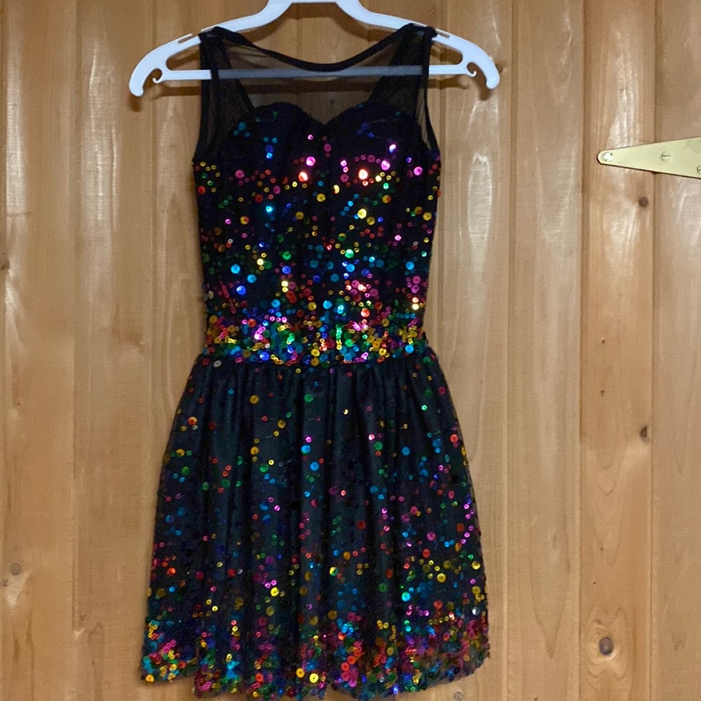 Multicolored sequined and Black dance costume unaltered matching hairpiece